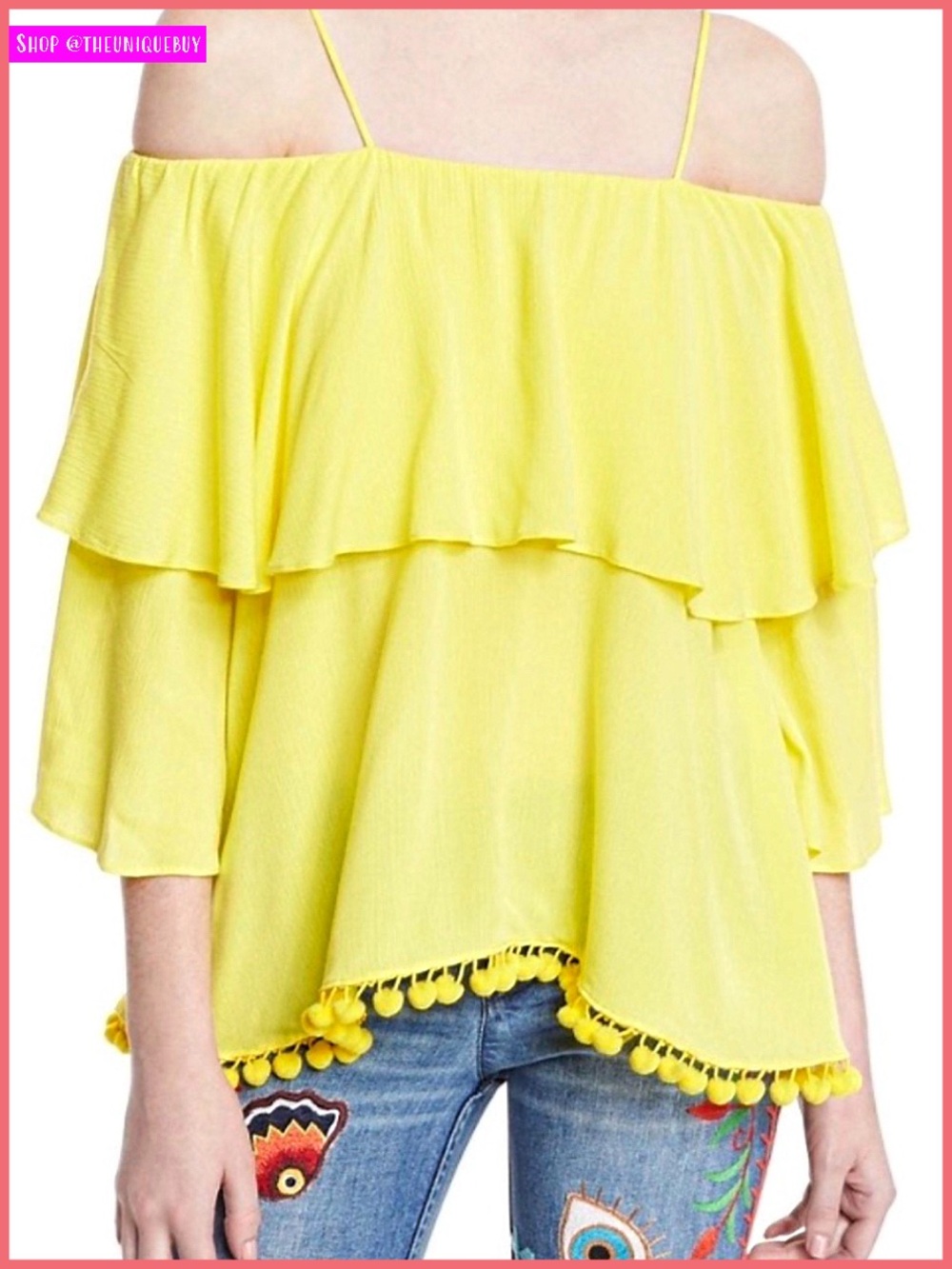 Alice + Olivia Meagan Yellow Ruffled Hem Spaghetti Top